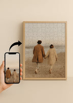 example of a personalized wooden puzzle created from a smartphone photo showing a couple walking on the beach