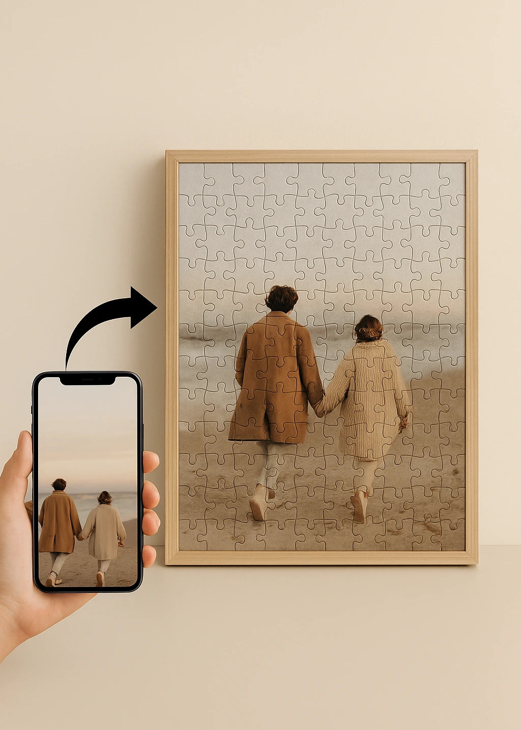 example of a personalized wooden puzzle created from a smartphone photo showing a couple walking on the beach