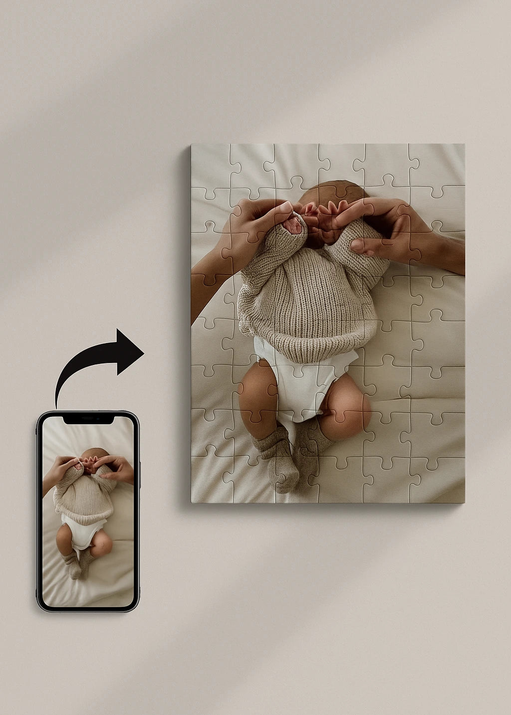 personalized wooden puzzle made from a smartphone photo showing a newborn baby in beige clothes lying on a bed warm and minimalist aesthetic